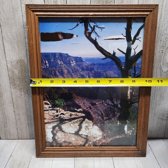 Vtg Framed Mountain Canyon Painted Glass Mirror Art Background 13"x10.5" Korea - Picture 10 of 10